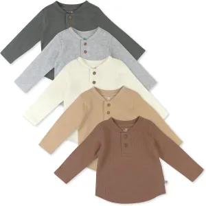 HonestBaby 5-Pack Waffle Henley Long Sleeve Shirts 100% Organic Cotton for Infant Baby and Toddler Boys, Unisex