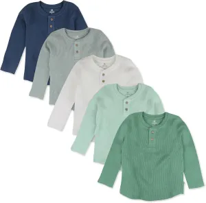 HonestBaby 5-Pack Waffle Henley Long Sleeve Shirts 100% Organic Cotton for Infant Baby and Toddler Boys, Unisex