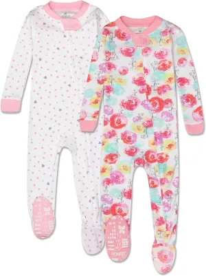 HonestBaby Baby Girls' 100% Organic Cotton Non-Slip Footed One-Piece Zip-Front Pajamas