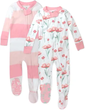 HonestBaby Baby Girls' 100% Organic Cotton Non-Slip Footed One-Piece Zip-Front Pajamas