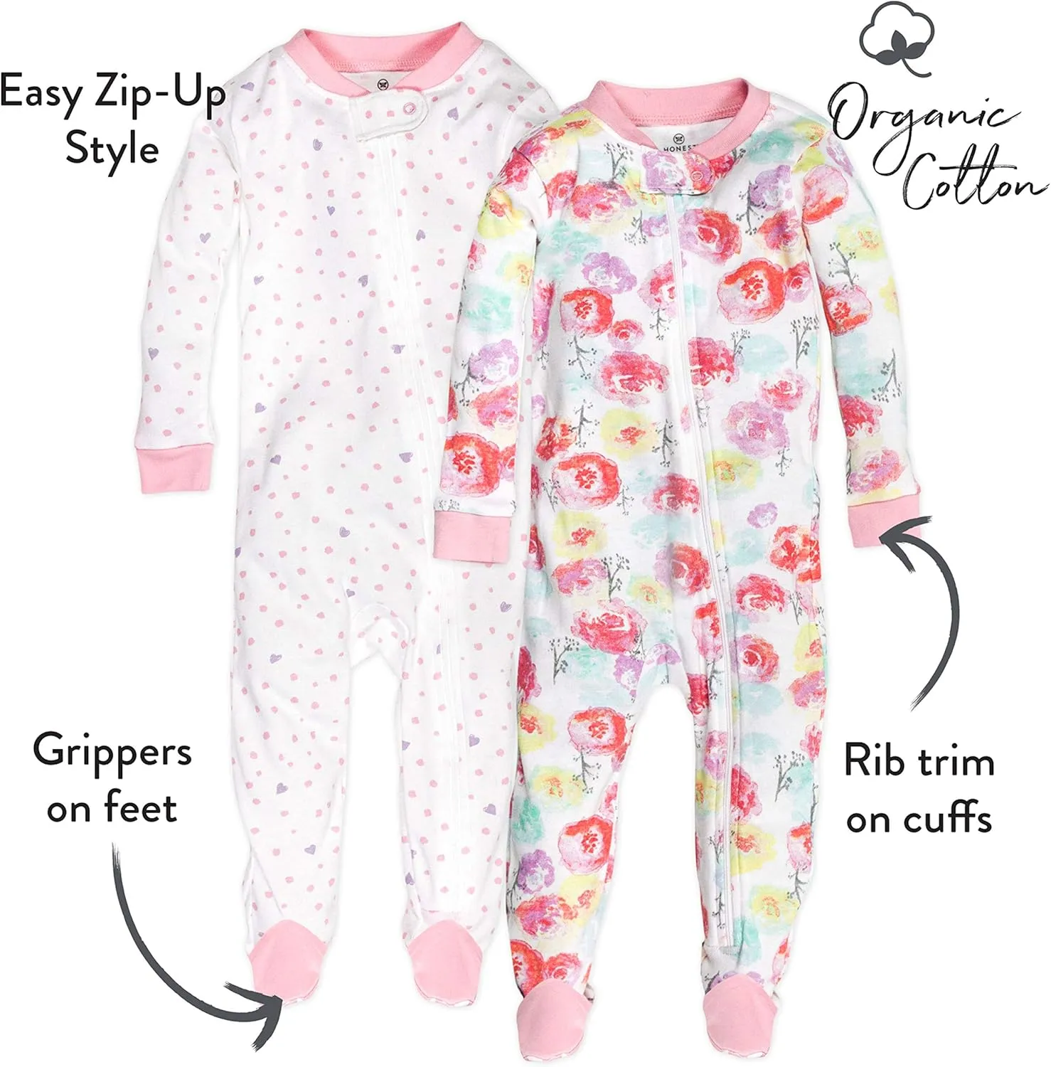 HonestBaby Baby Girls' 100% Organic Cotton Non-Slip Footed One-Piece Zip-Front Pajamas