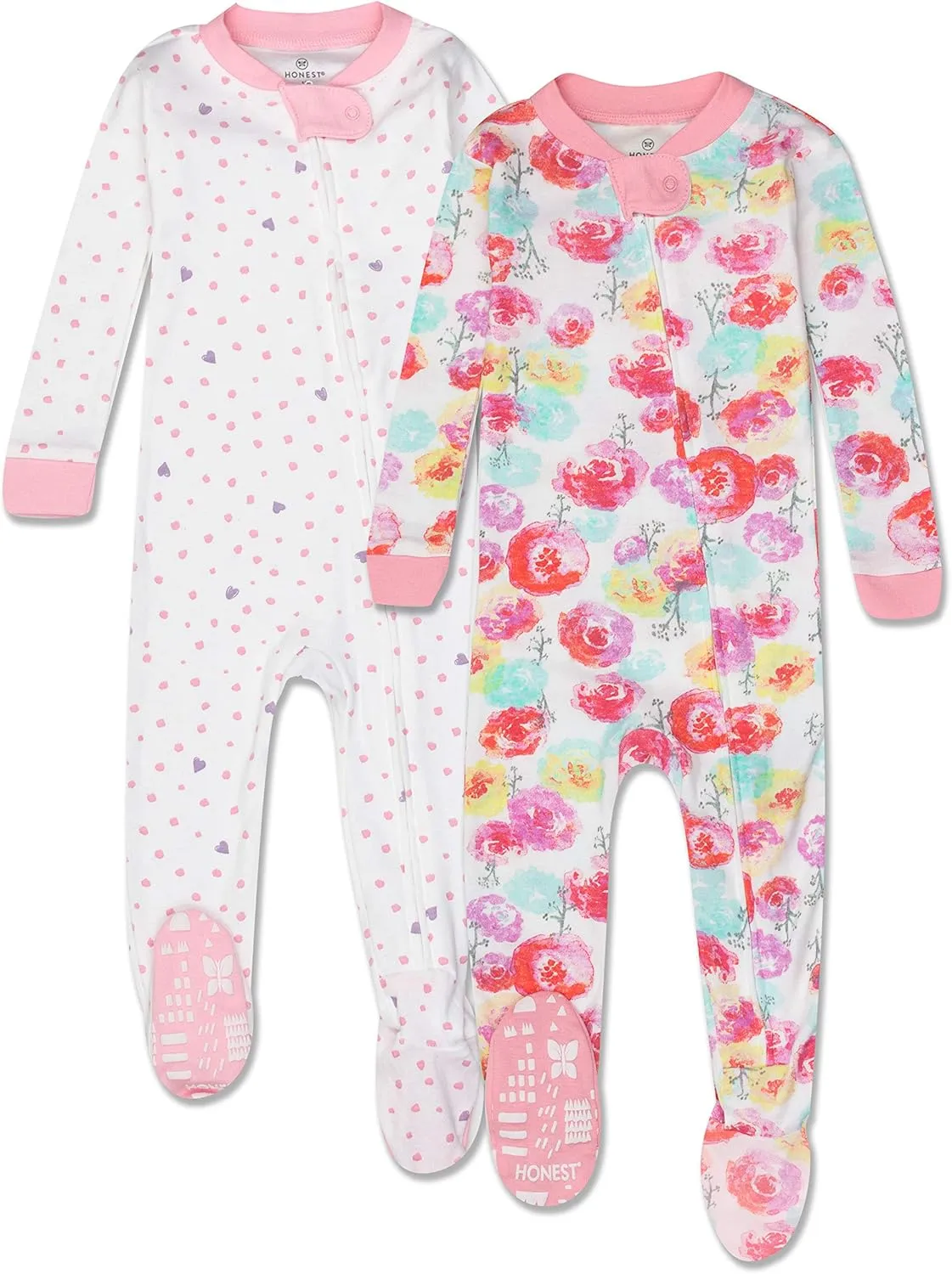 HonestBaby Baby Girls' 100% Organic Cotton Non-Slip Footed One-Piece Zip-Front Pajamas