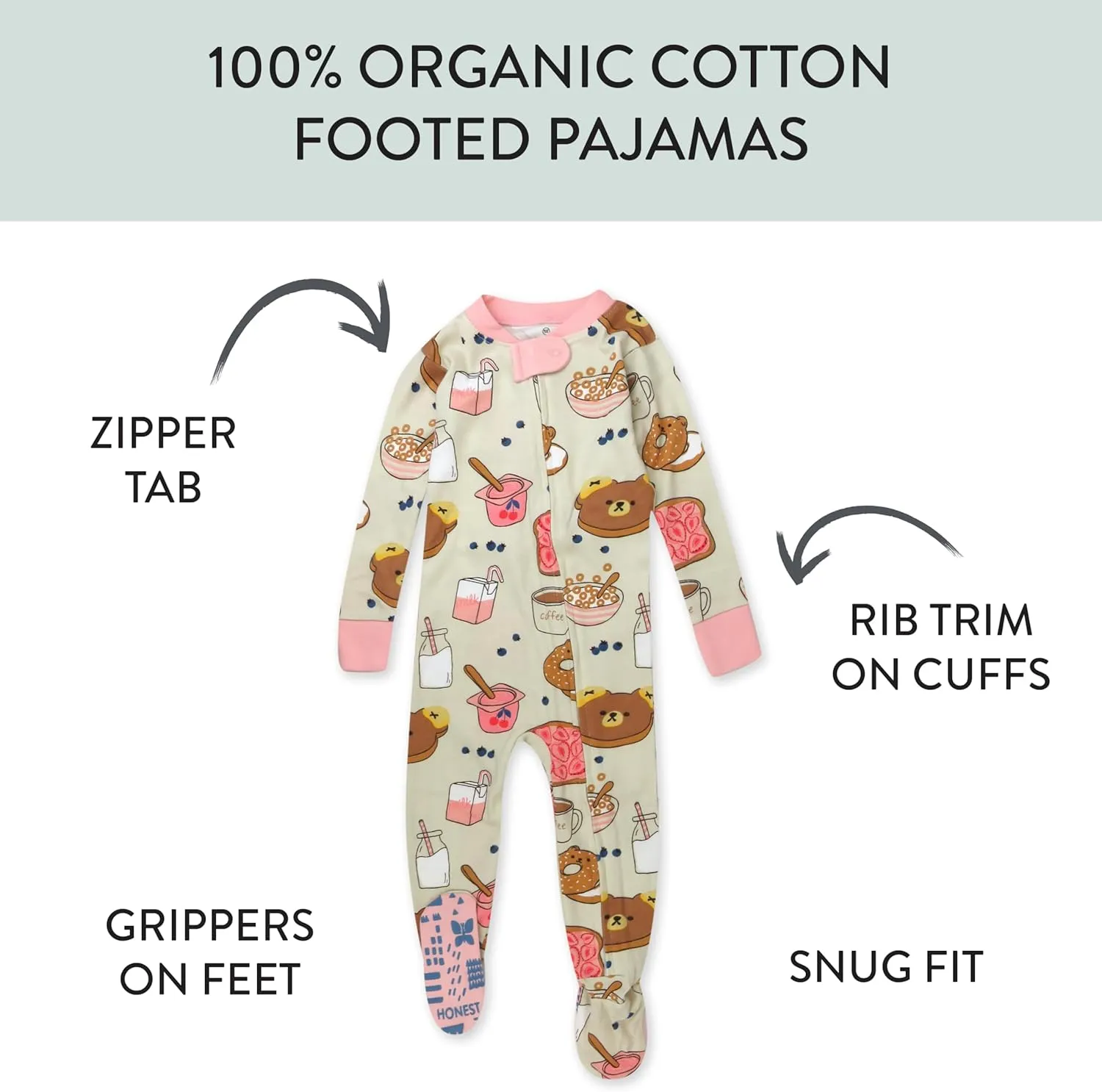 HonestBaby Baby Girls' 100% Organic Cotton Non-Slip Footed One-Piece Zip-Front Pajamas