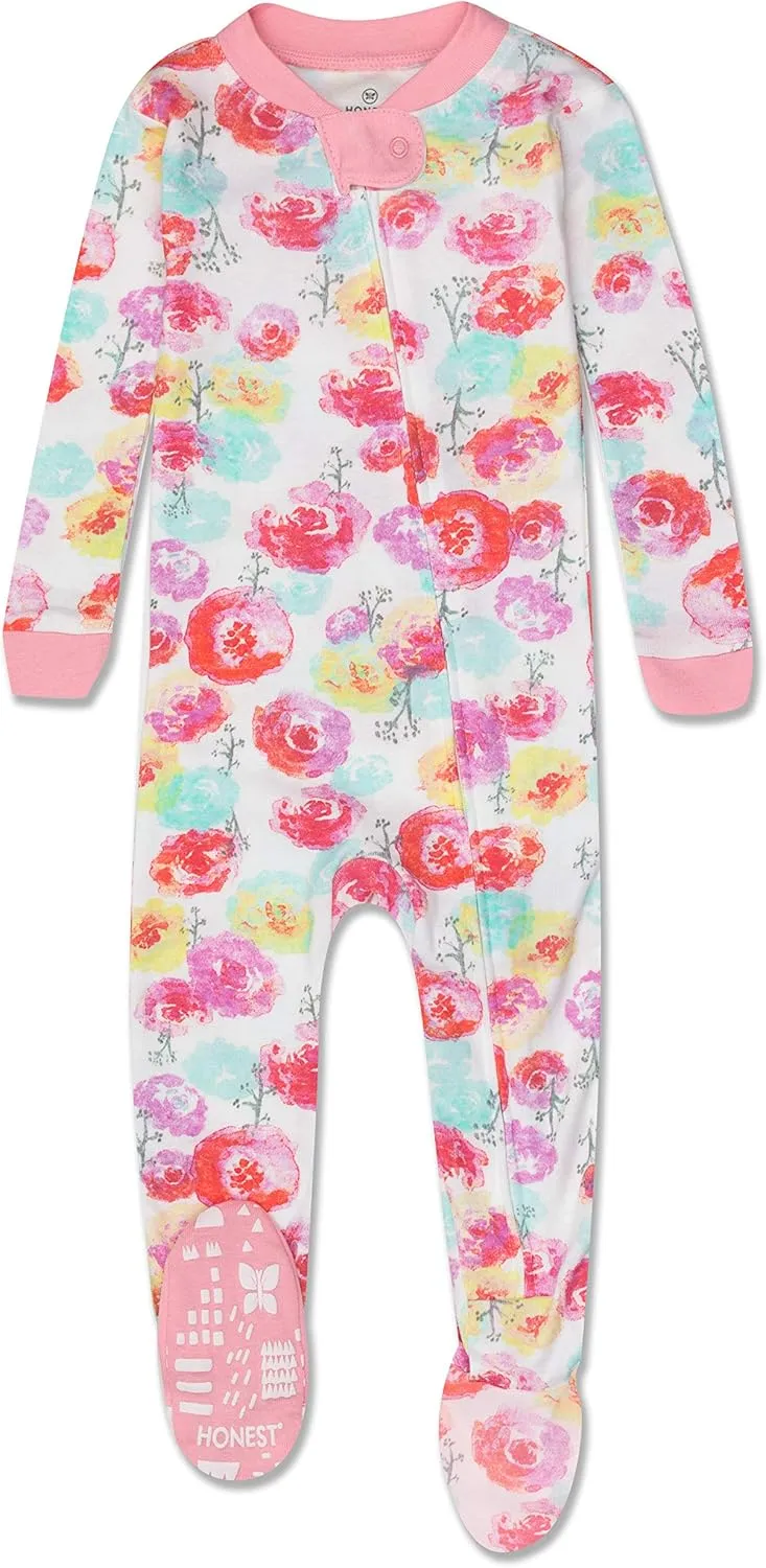 HonestBaby Baby Girls' 100% Organic Cotton Non-Slip Footed One-Piece Zip-Front Pajamas
