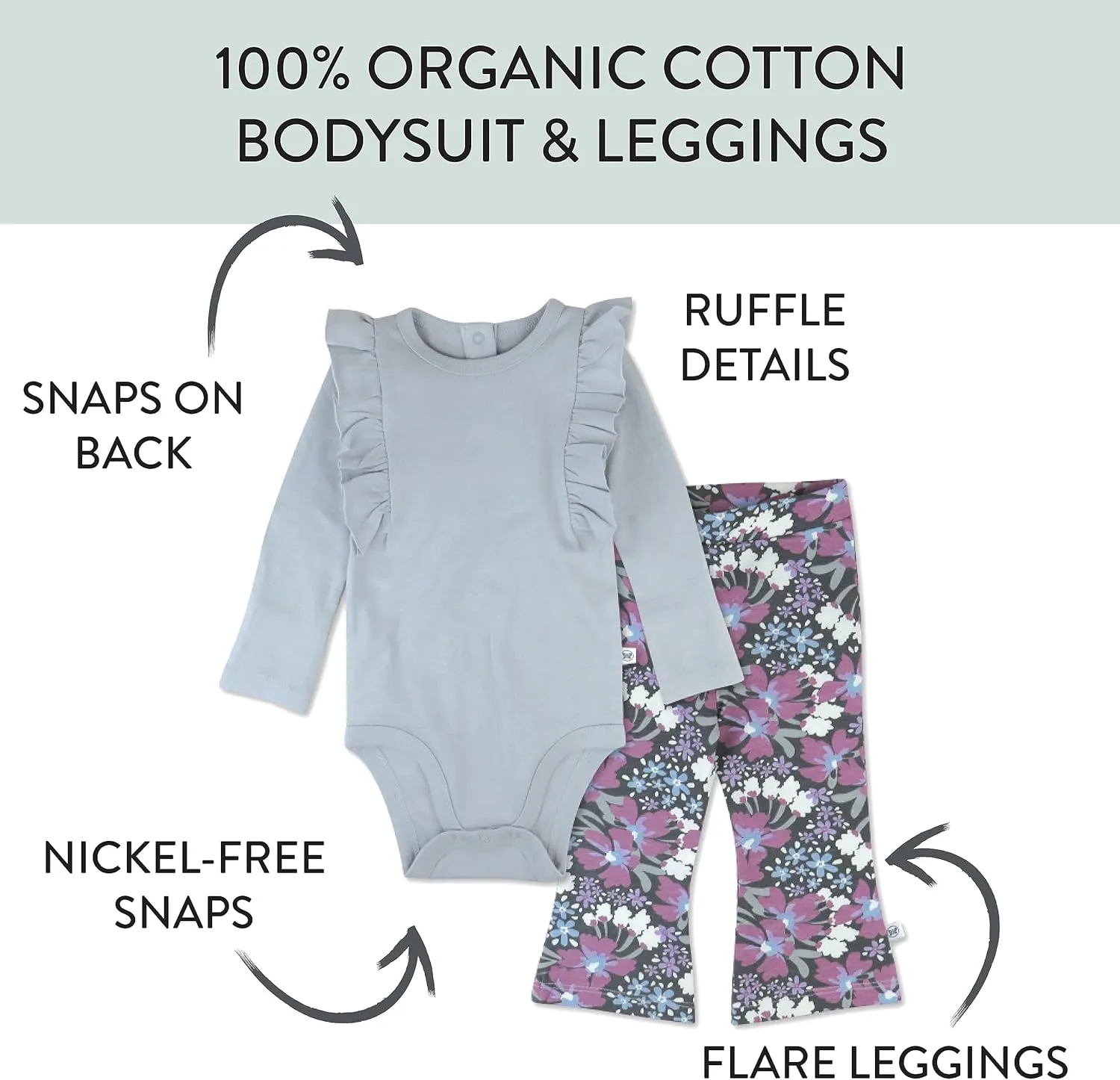 HonestBaby baby-girls Long Sleeve Ruffle Bodysuit & Flare Legging Set 100% Organic Cotton for Baby Girls