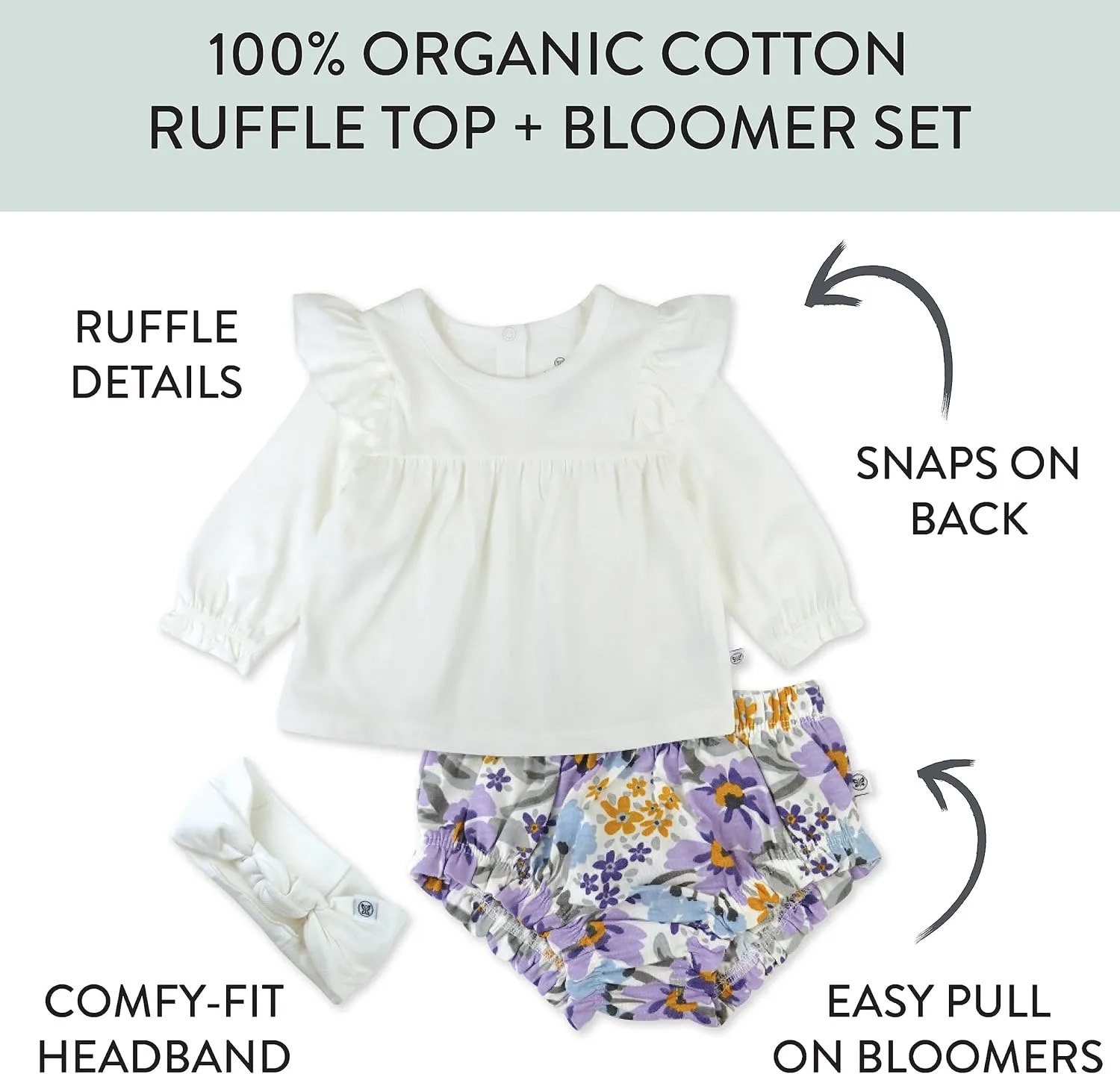 HonestBaby baby-girls Novelty Top, Bloomer & Headband Set 100% Organic Cotton for Baby and Toddler Girls