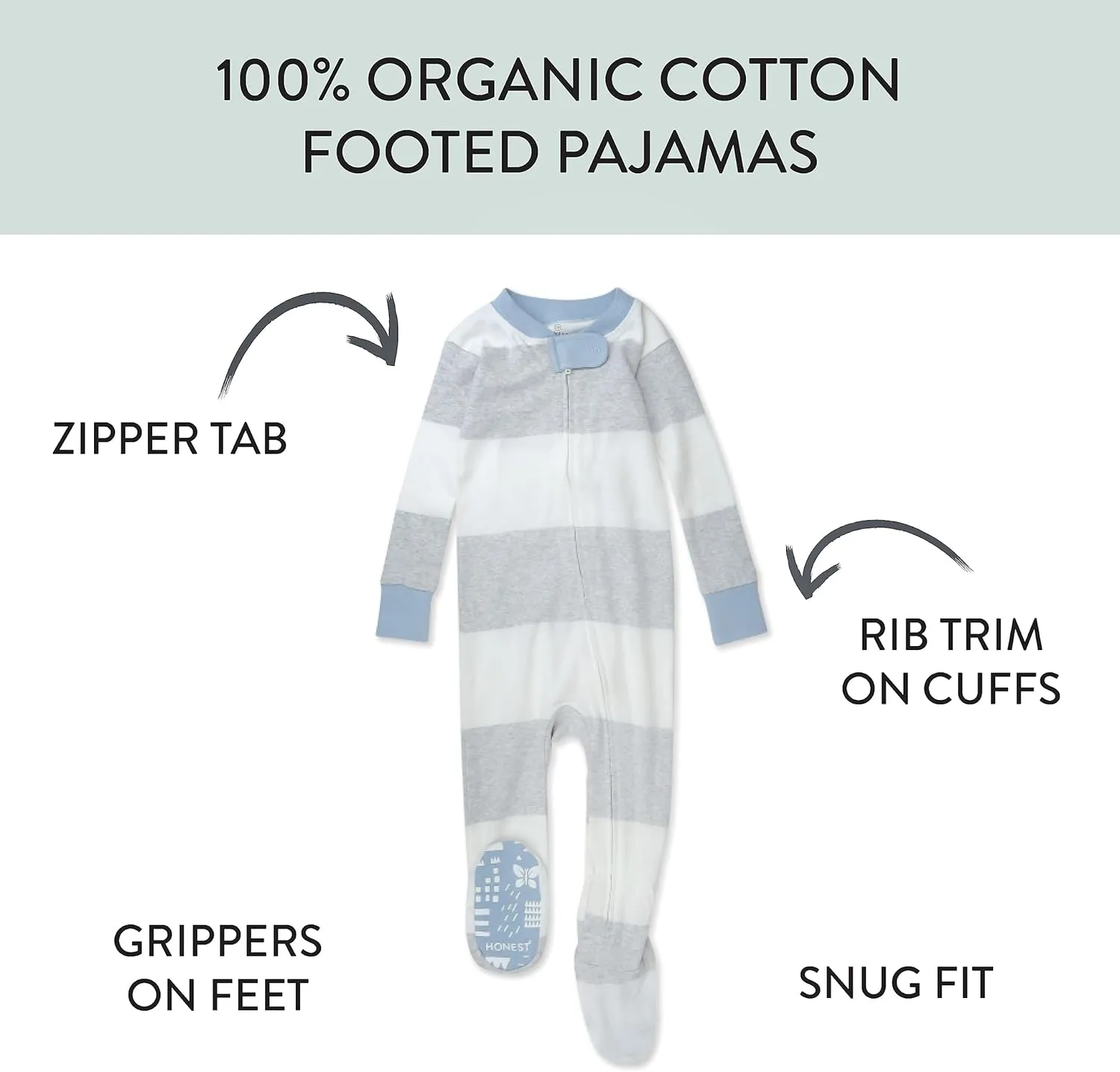 HonestBaby Non-Slip Footed Pajamas One-Piece Sleeper Zip-Front Pjs 100% Organic Cotton for Baby Boys