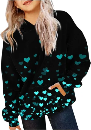 Hoodies for Teen Girls Love Heart Print Valentines Day Shirts Outfits Tween Girls Cute Tops Girls Fashion Sweatshirts