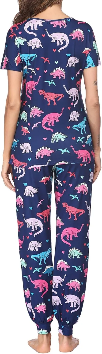 HOTOUCH Womens Pajamas Set Short Sleeve Cute Printed Tops and Pants 2 Piece PJ Sets Joggers Loungewear Sleepwear with Pockets