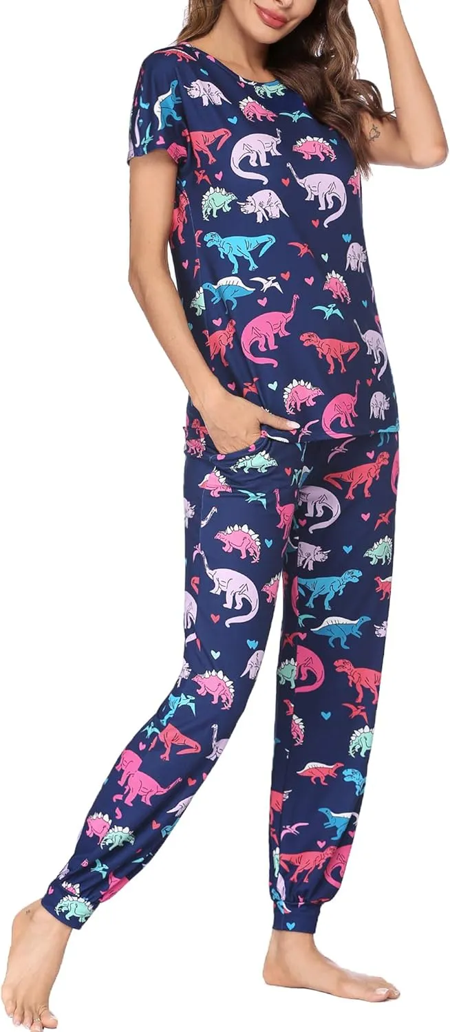 HOTOUCH Womens Pajamas Set Short Sleeve Cute Printed Tops and Pants 2 Piece PJ Sets Joggers Loungewear Sleepwear with Pockets