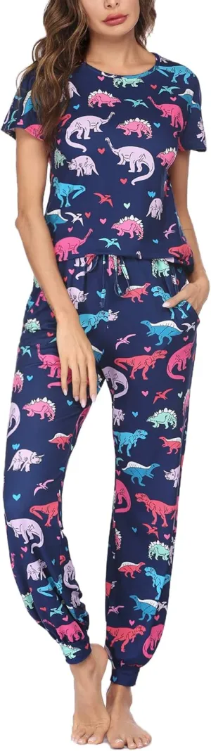 HOTOUCH Womens Pajamas Set Short Sleeve Cute Printed Tops and Pants 2 Piece PJ Sets Joggers Loungewear Sleepwear with Pockets