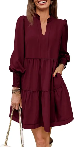 Imily Bela Womens Fall Long Sleeve Tunic Dress Casual V Neck Loose Ruffle Tiered Dress