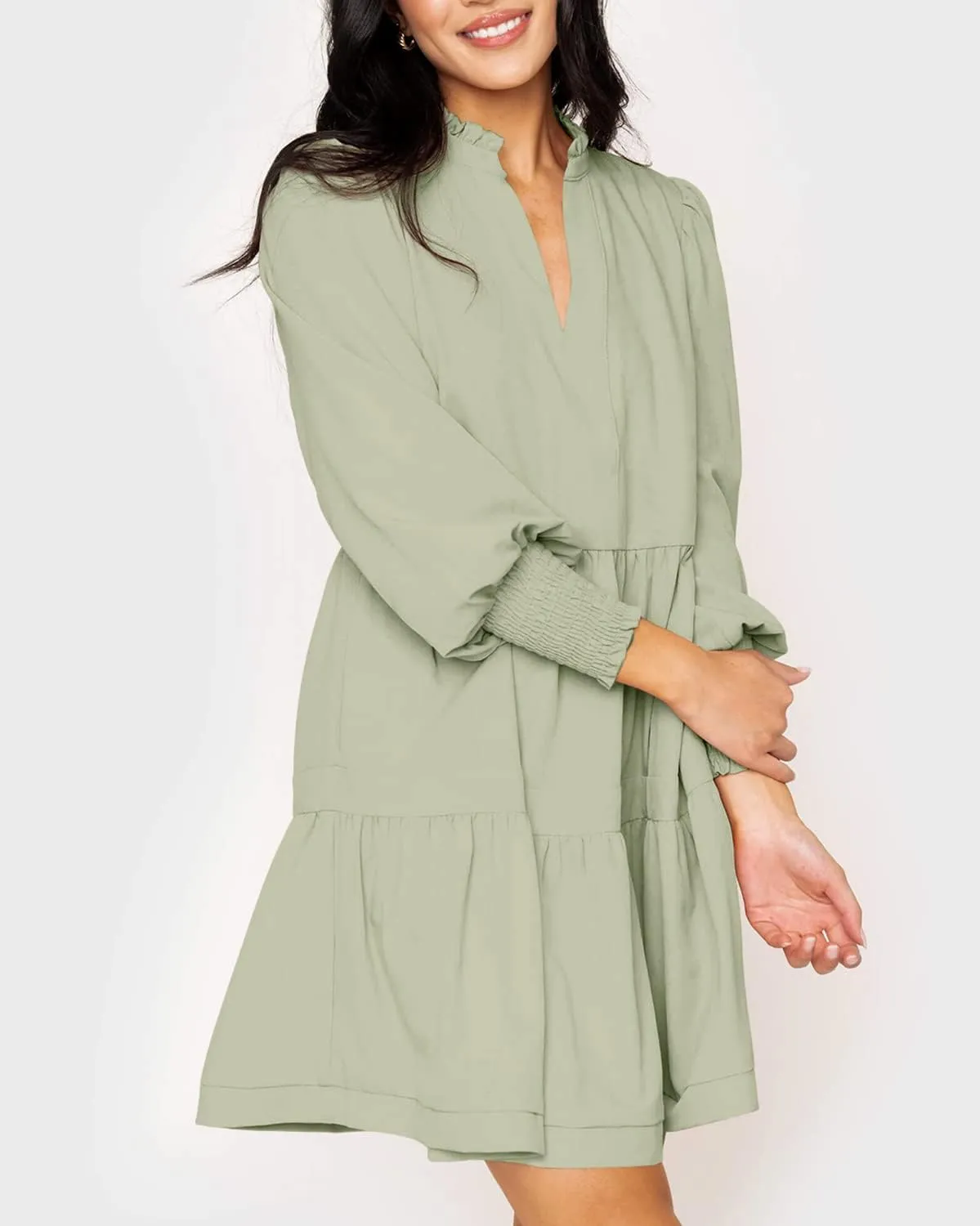 Imily Bela Womens Fall Long Sleeve Tunic Dress Casual V Neck Loose Ruffle Tiered Dress