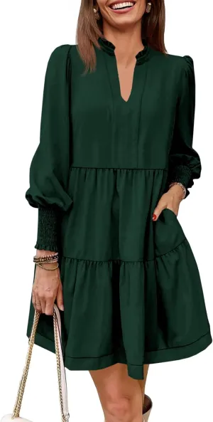 Imily Bela Womens Fall Long Sleeve Tunic Dress Casual V Neck Loose Ruffle Tiered Dress