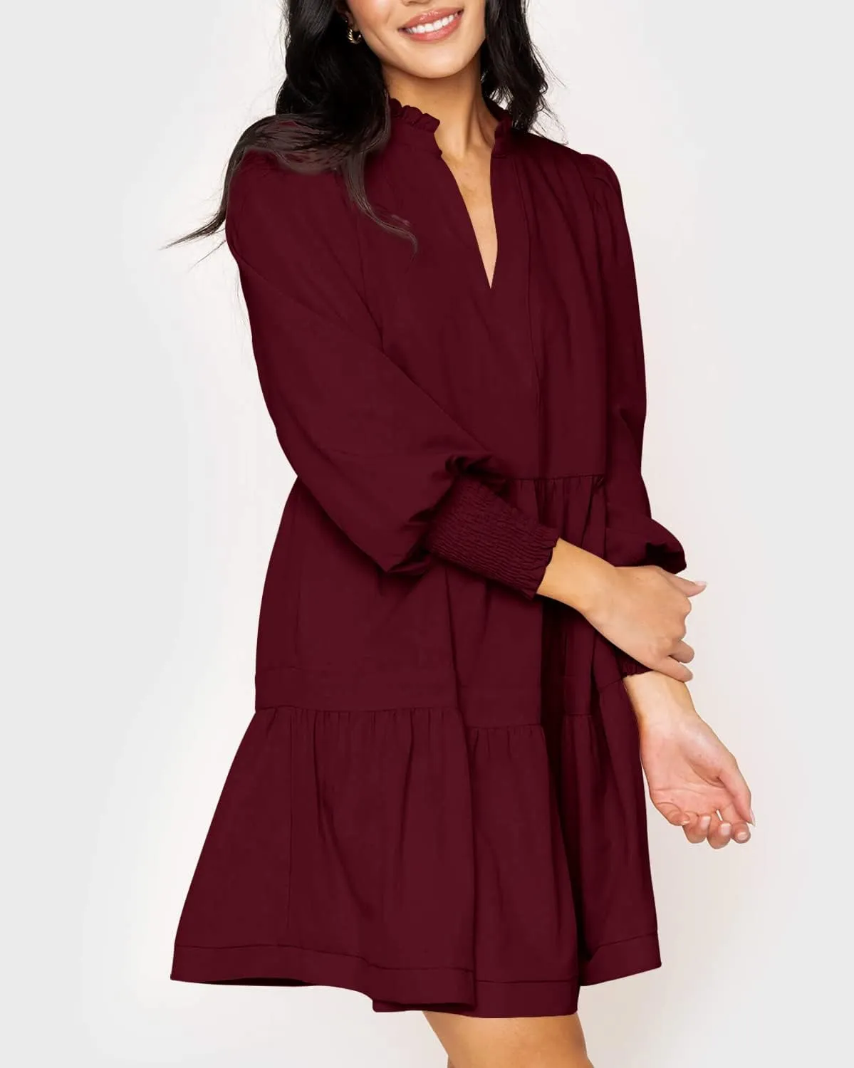 Imily Bela Womens Fall Long Sleeve Tunic Dress Casual V Neck Loose Ruffle Tiered Dress