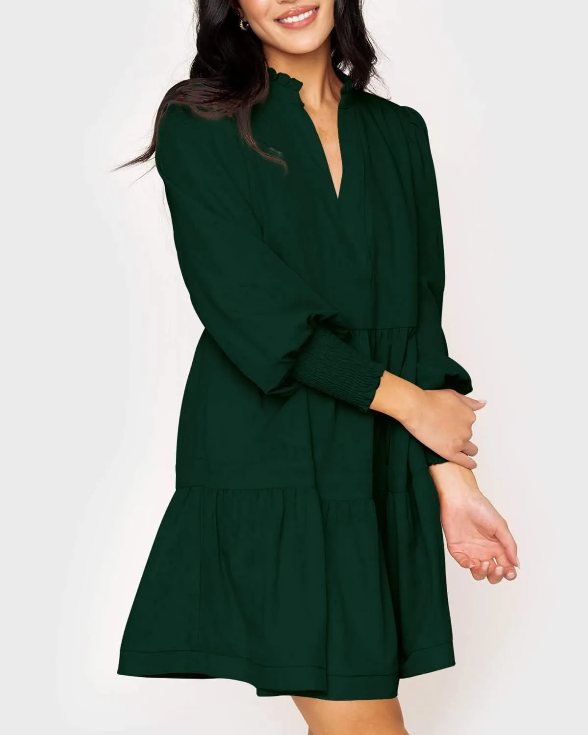 Imily Bela Womens Fall Long Sleeve Tunic Dress Casual V Neck Loose Ruffle Tiered Dress