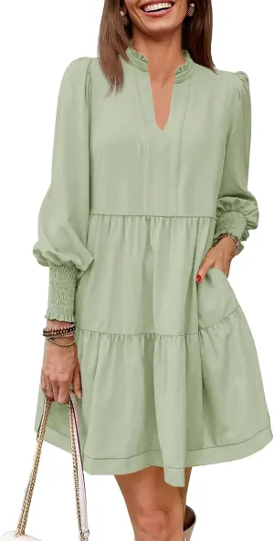 Imily Bela Womens Fall Long Sleeve Tunic Dress Casual V Neck Loose Ruffle Tiered Dress