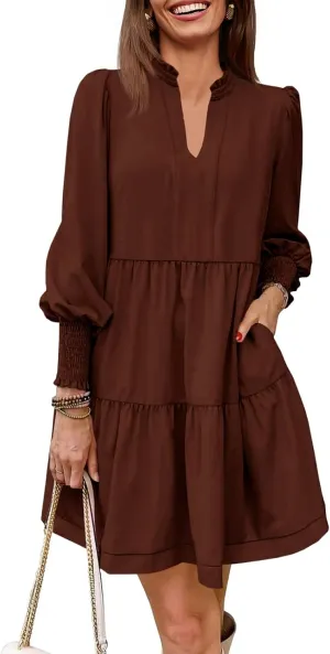 Imily Bela Womens Fall Long Sleeve Tunic Dress Casual V Neck Loose Ruffle Tiered Dress