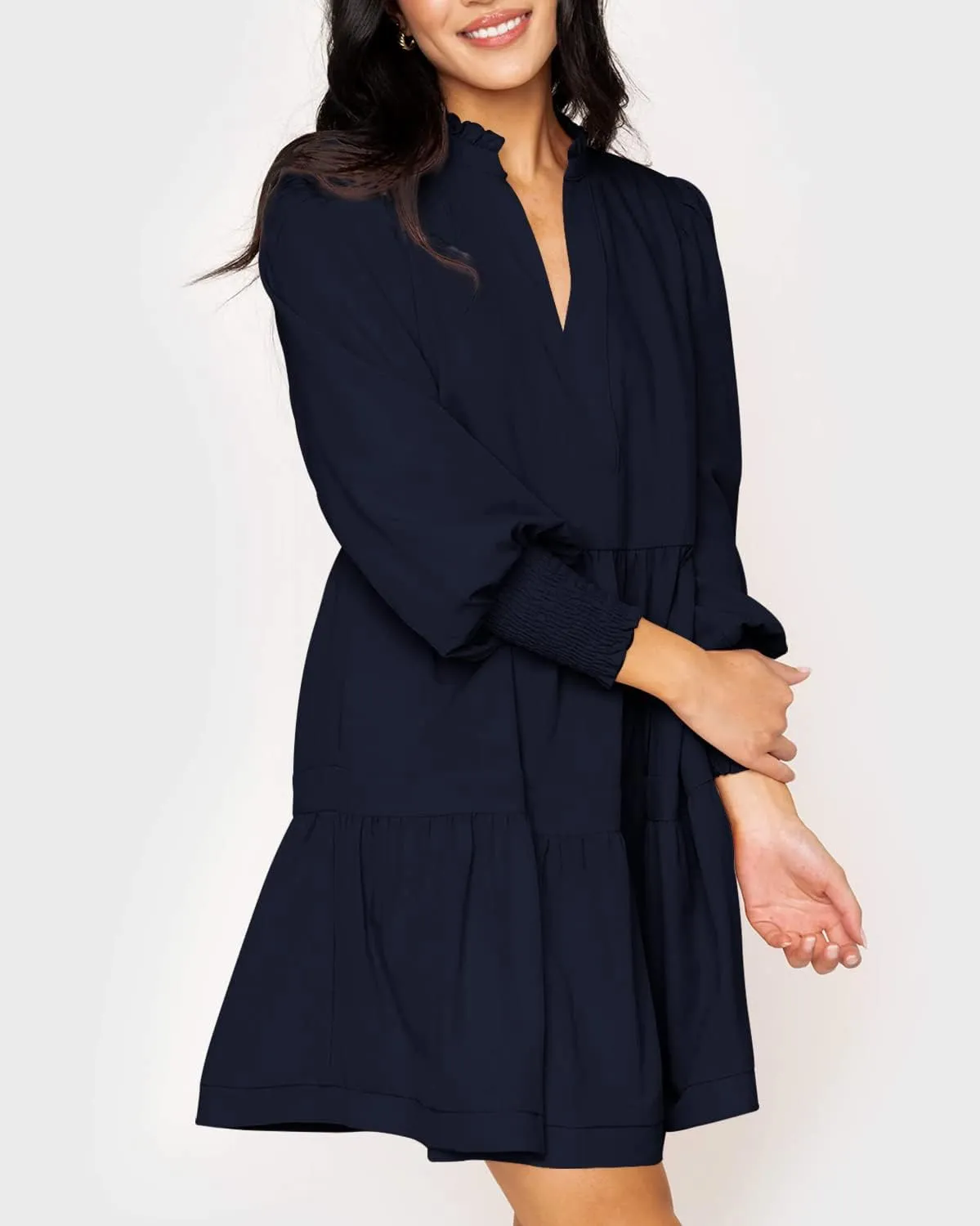 Imily Bela Womens Fall Long Sleeve Tunic Dress Casual V Neck Loose Ruffle Tiered Dress