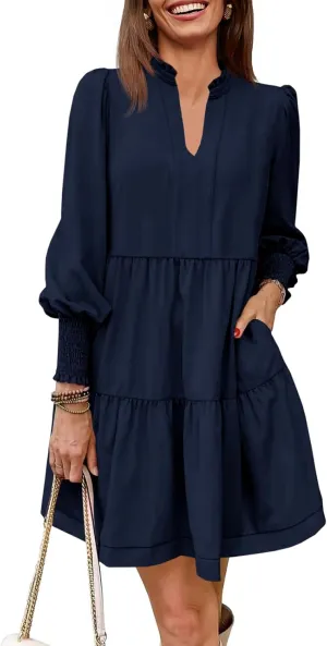 Imily Bela Womens Fall Long Sleeve Tunic Dress Casual V Neck Loose Ruffle Tiered Dress