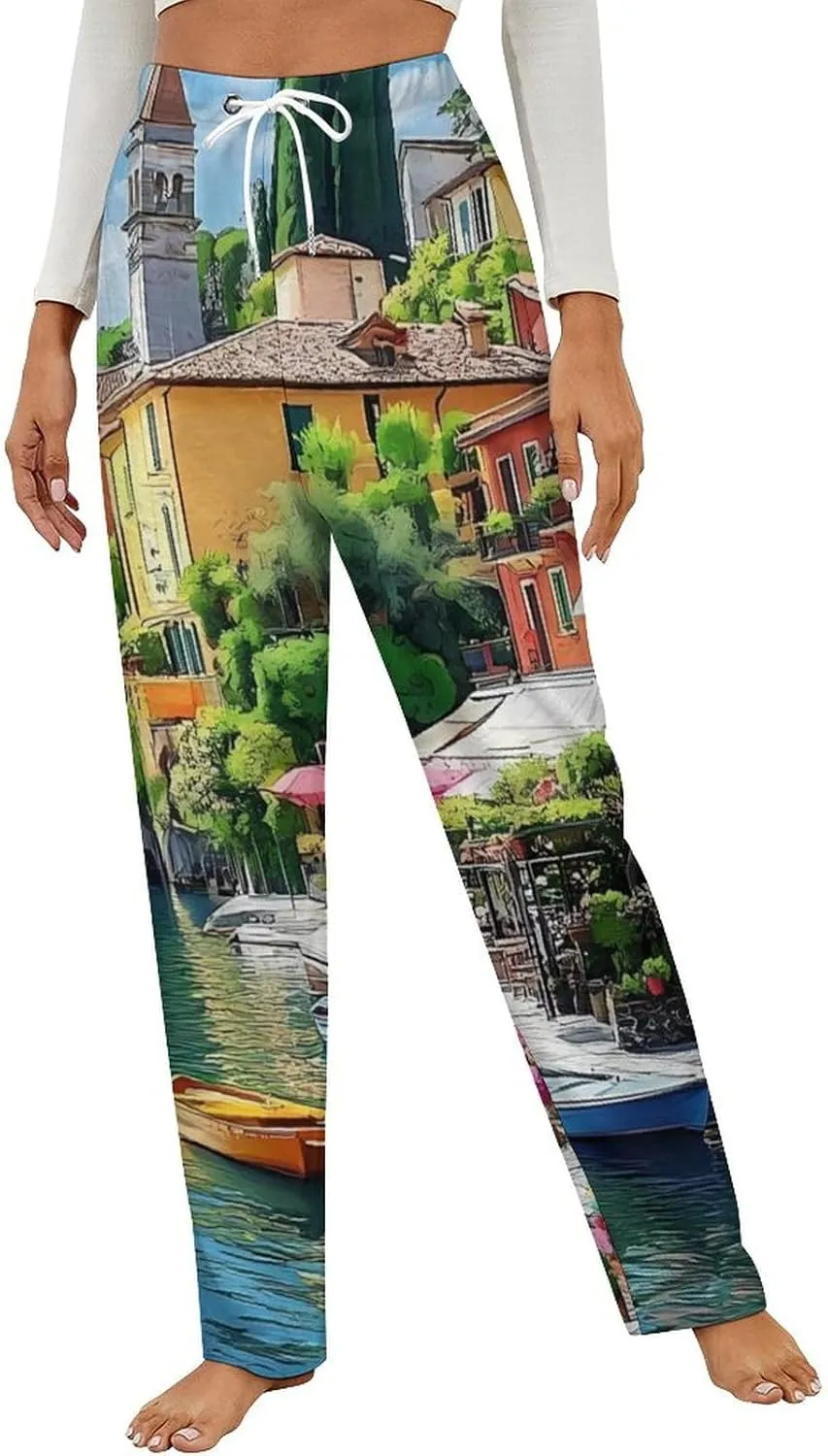 Italian Lakeside Sea View Women's Pajama Pants Fleece Warm Pj Bottoms Sleepwear Lounge Pants Loungewear