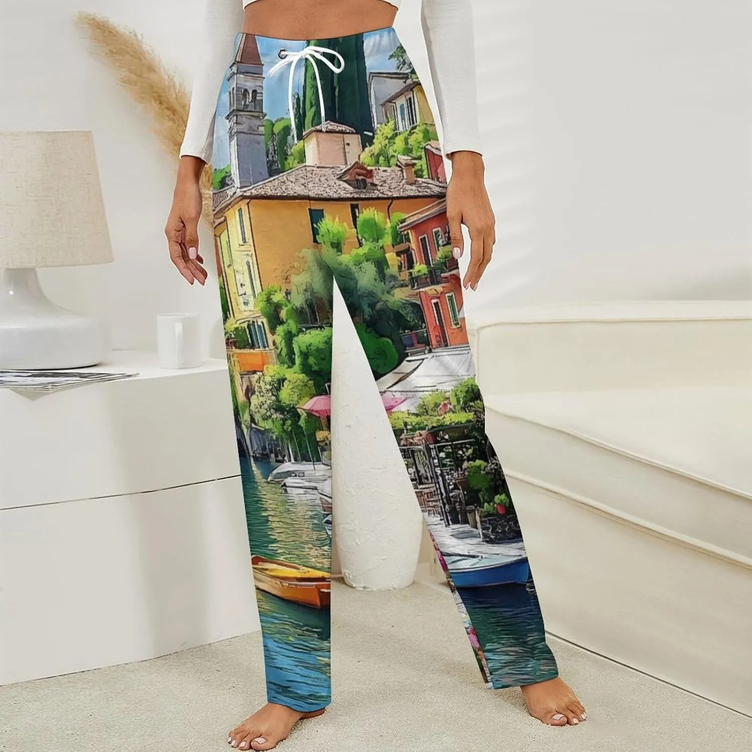 Italian Lakeside Sea View Women's Pajama Pants Fleece Warm Pj Bottoms Sleepwear Lounge Pants Loungewear