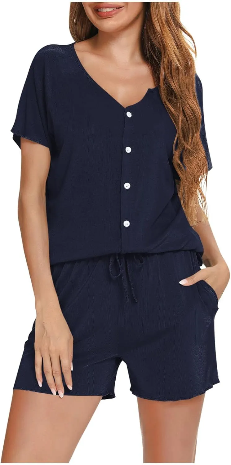 jsaierl Ribbed Knit Pajamas for Women 2 Piece Sets Button Down V Neck Sweater Top Short Sleeve Shirt Tie Shorts Lounge Set