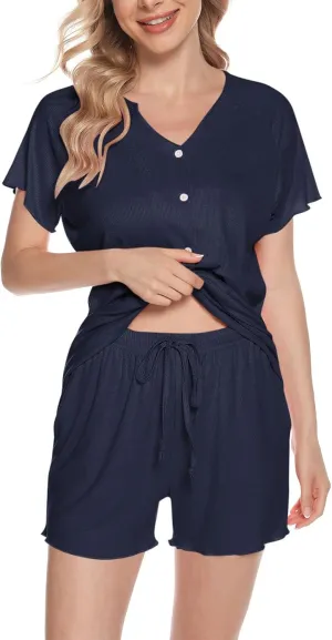 jsaierl Ribbed Knit Pajamas for Women 2 Piece Sets Button Down V Neck Sweater Top Short Sleeve Shirt Tie Shorts Lounge Set