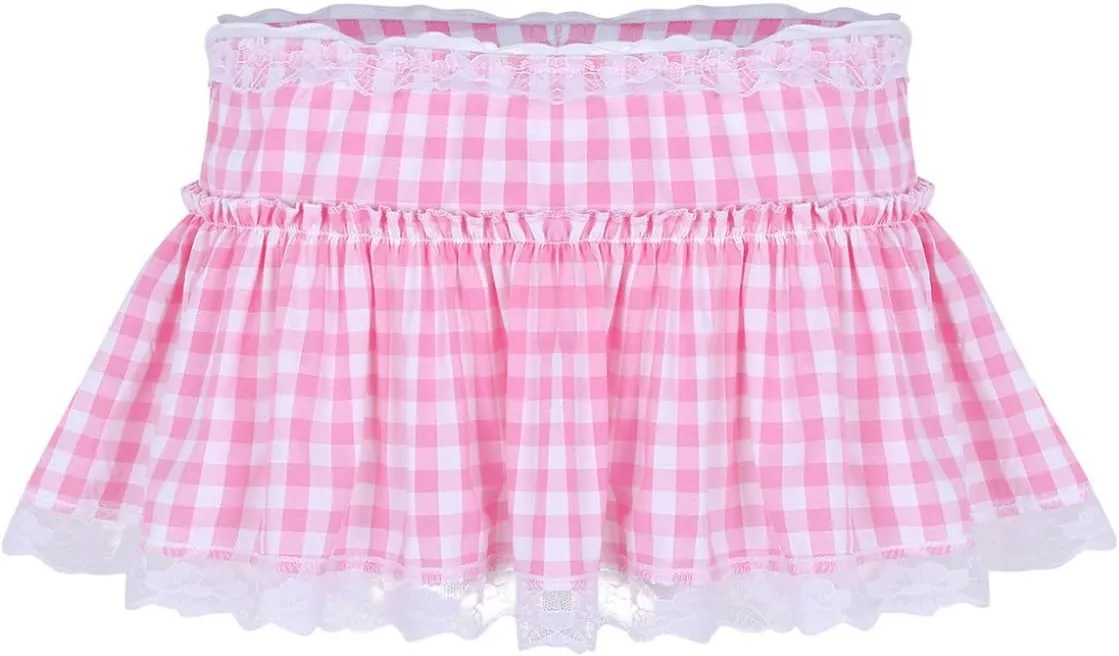 Kaerm Women Frilly Lace Pleated Gingham Mini Skirt Men's Sissy Crossdress A-line Short Mini Dress