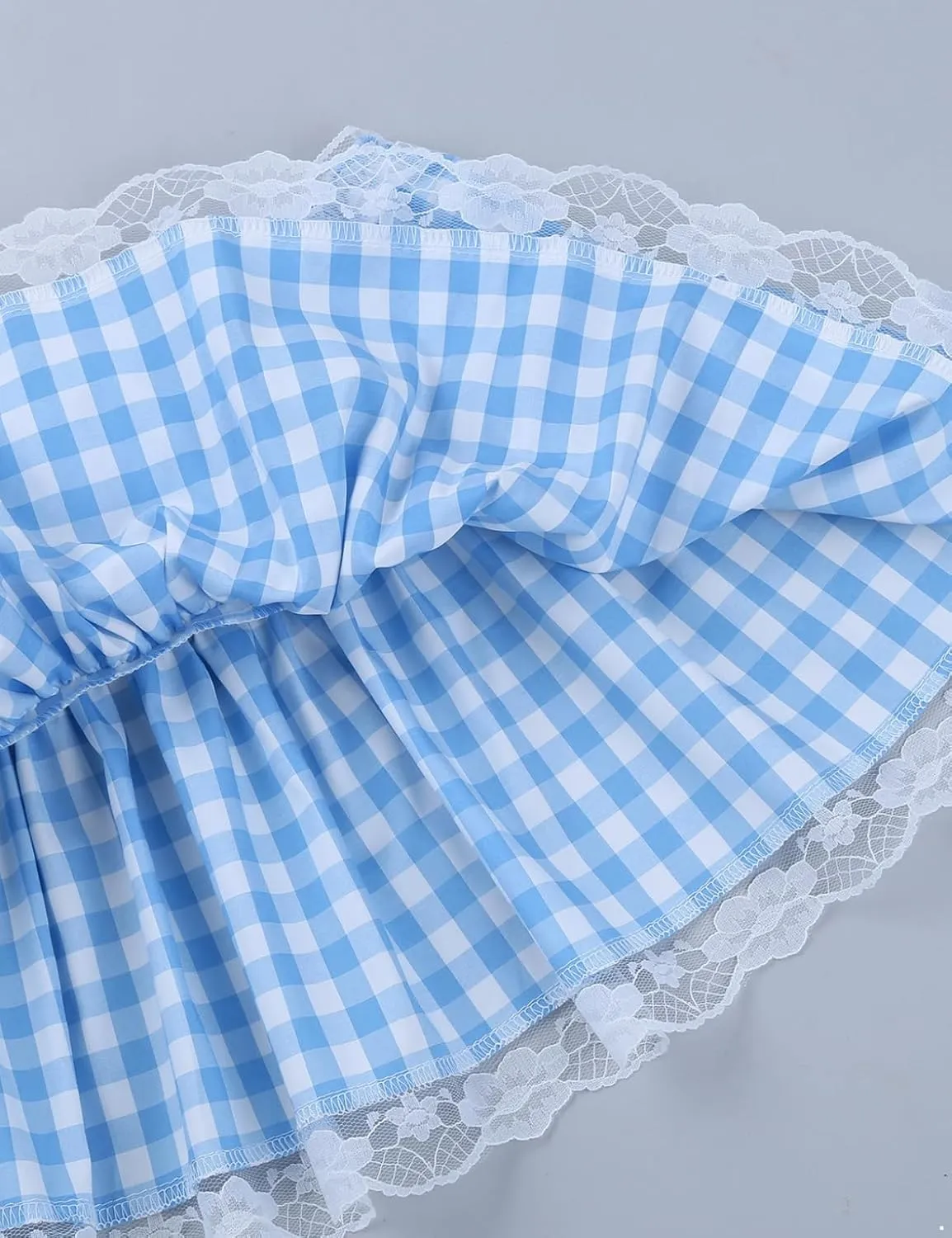 Kaerm Women Frilly Lace Pleated Gingham Mini Skirt Men's Sissy Crossdress A-line Short Mini Dress
