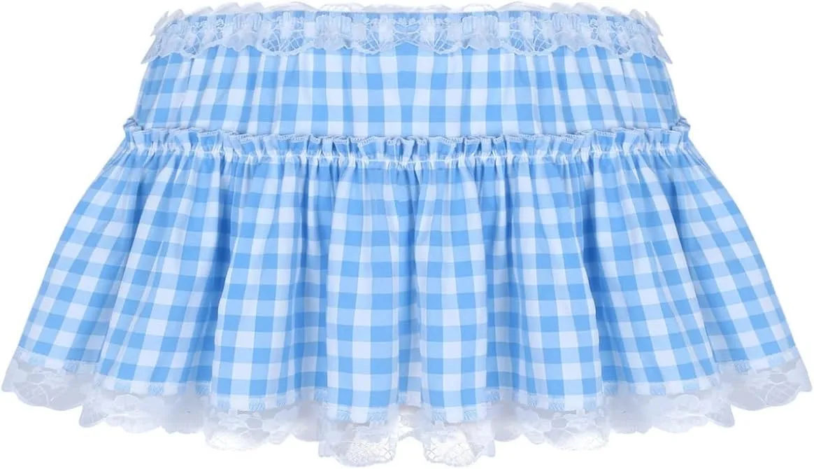 Kaerm Women Frilly Lace Pleated Gingham Mini Skirt Men's Sissy Crossdress A-line Short Mini Dress
