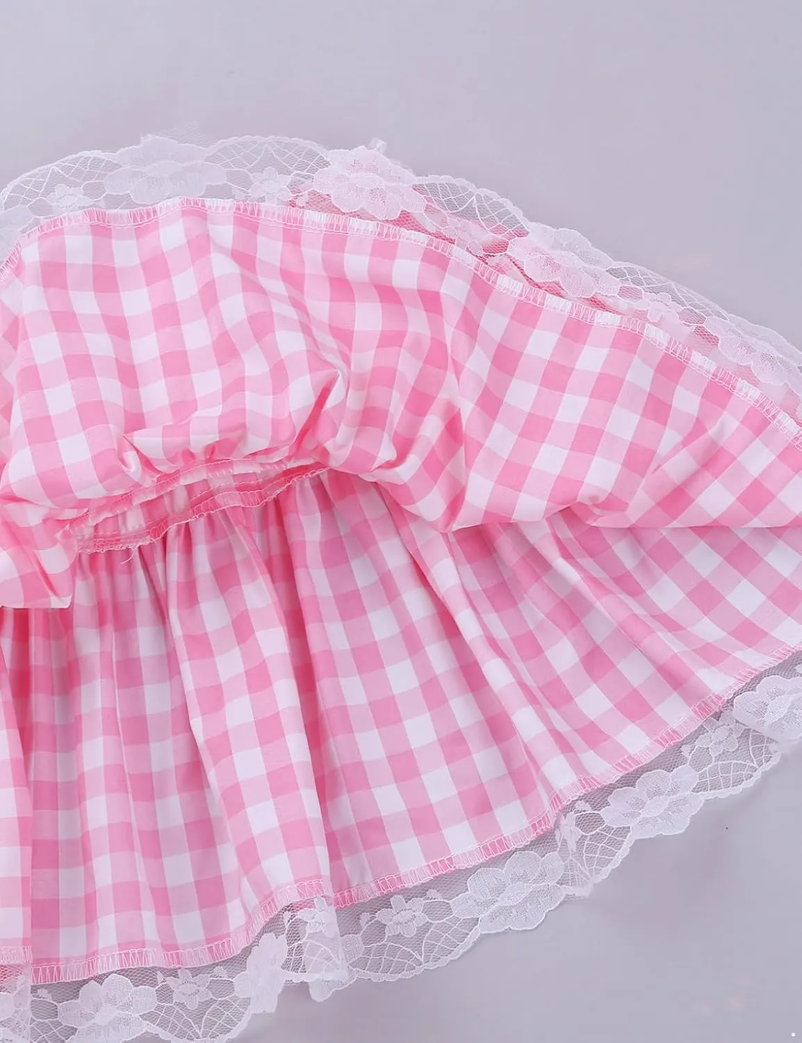 Kaerm Women Frilly Lace Pleated Gingham Mini Skirt Men's Sissy Crossdress A-line Short Mini Dress