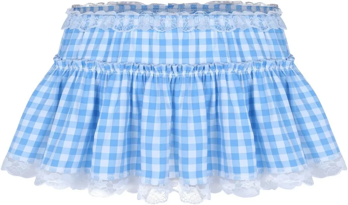 Kaerm Women Frilly Lace Pleated Gingham Mini Skirt Men's Sissy Crossdress A-line Short Mini Dress