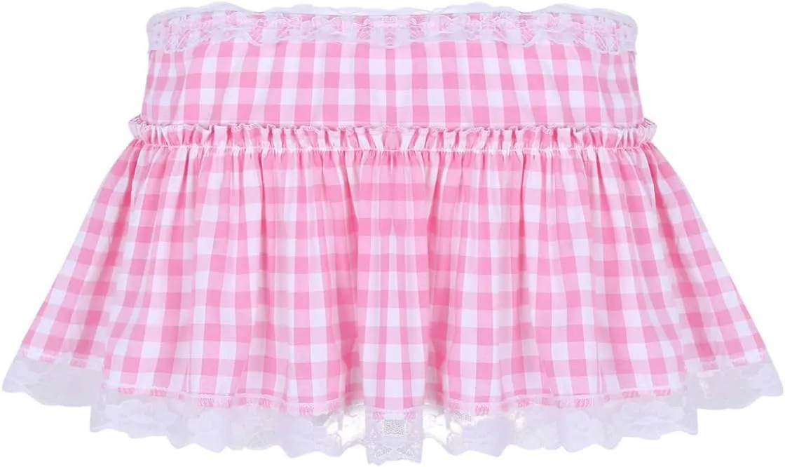 Kaerm Women Frilly Lace Pleated Gingham Mini Skirt Men's Sissy Crossdress A-line Short Mini Dress