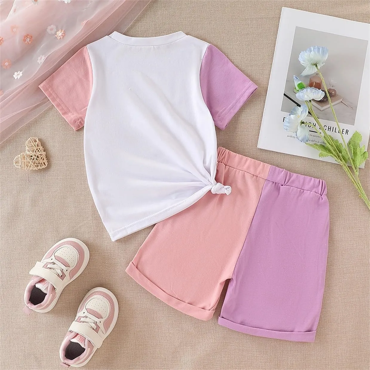 Kid Toddler Baby Girls Clothes Colorblock Print Short Sleeve T-Shirt Summer Shorts Set