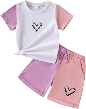 Kid Toddler Baby Girls Clothes Colorblock Print Short Sleeve T-Shirt Summer Shorts Set