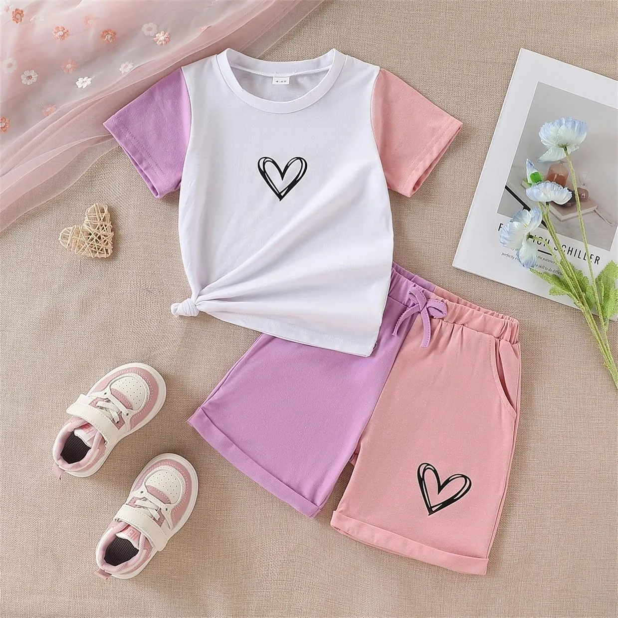 Kid Toddler Baby Girls Clothes Colorblock Print Short Sleeve T-Shirt Summer Shorts Set
