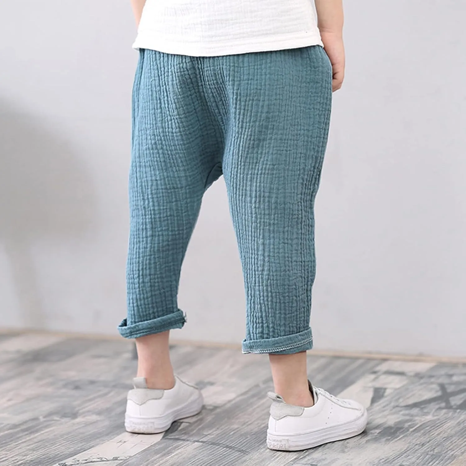 Kids Boys Girls Sweatpant Cotton Linen Harem Pants Solid Color Elastic Waist Wide Leg Casual Outdoor Trousers