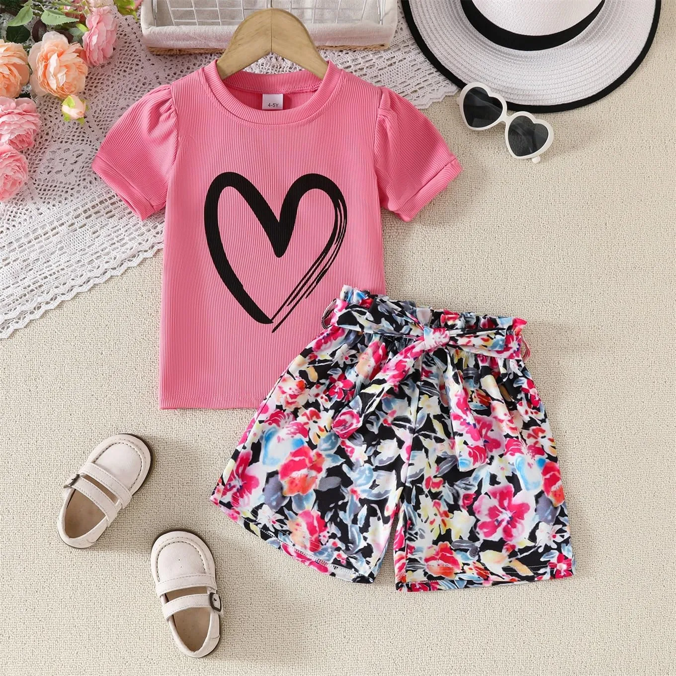 Kids Girl Clothes Heart Print Short Sleeve Top and Shorts Cute Girl Summer Outfits Short Set