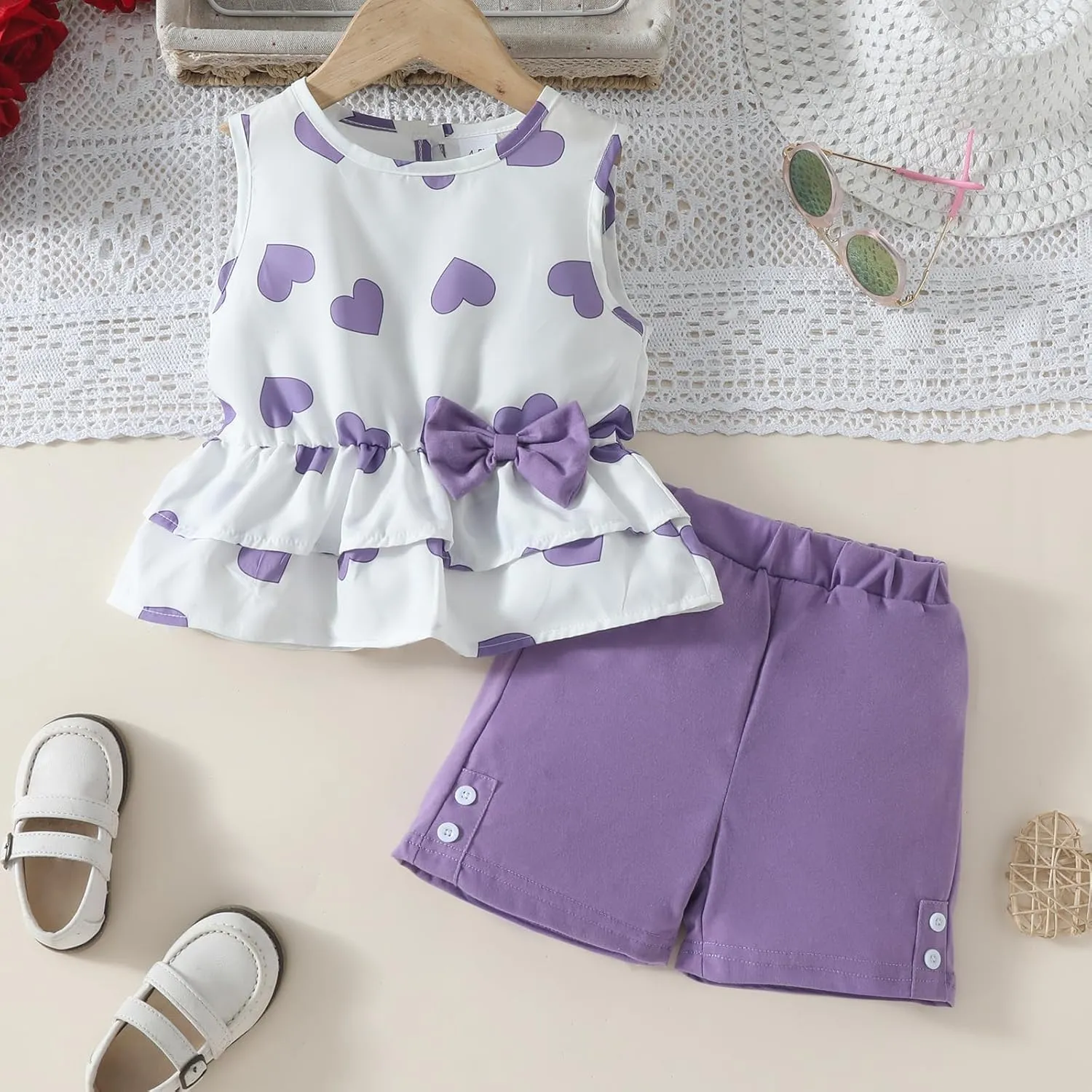 Kids Girl Clothes Heart Print Sleeveless Top and Shorts Baby Girl Summer Outfits Short Set