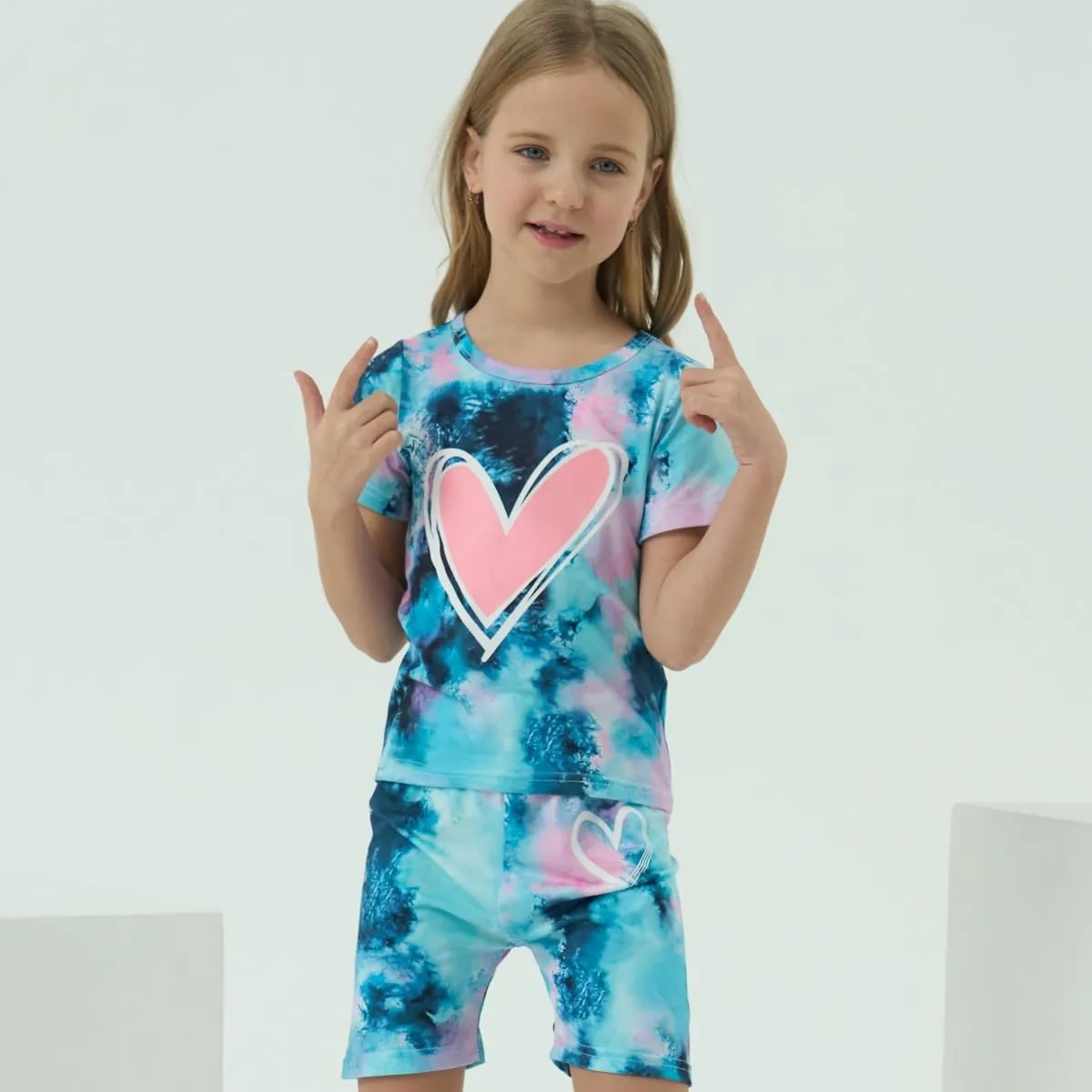 Kids Girl Clothes Tie Dye Heart Print Short Sleeve Top and Shorts Toddler Girl Summer Outfits Short Set