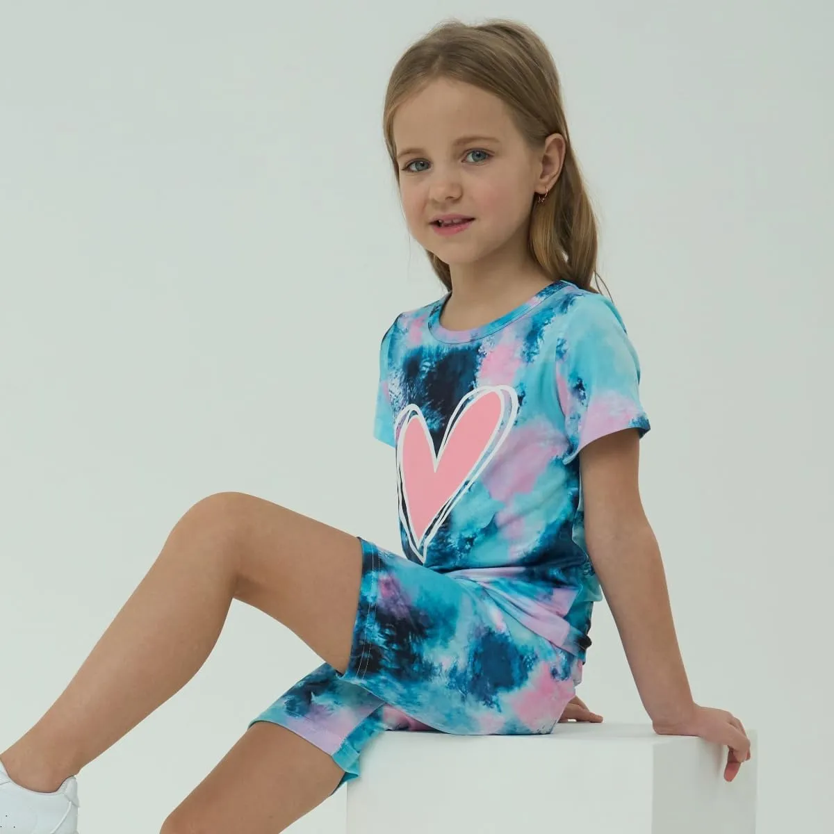 Kids Girl Clothes Tie Dye Heart Print Short Sleeve Top and Shorts Toddler Girl Summer Outfits Short Set