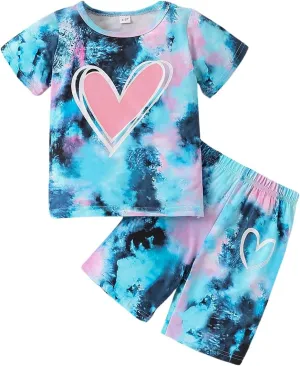Kids Girl Clothes Tie Dye Heart Print Short Sleeve Top and Shorts Toddler Girl Summer Outfits Short Set