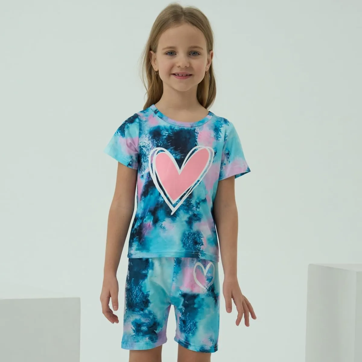 Kids Girl Clothes Tie Dye Heart Print Short Sleeve Top and Shorts Toddler Girl Summer Outfits Short Set