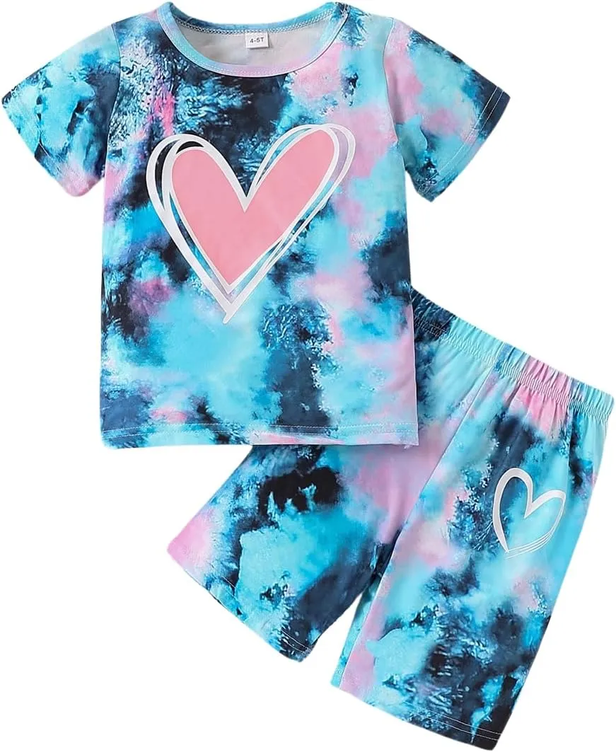 Kids Girl Clothes Tie Dye Heart Print Short Sleeve Top and Shorts Toddler Girl Summer Outfits Short Set