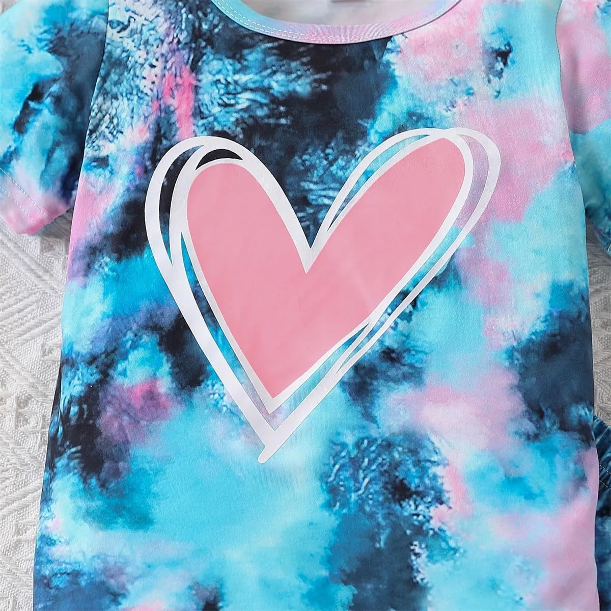 Kids Girl Clothes Tie Dye Heart Print Short Sleeve Top and Shorts Toddler Girl Summer Outfits Short Set