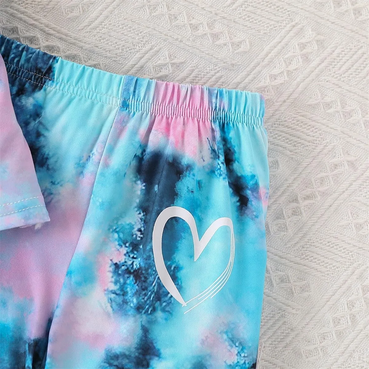 Kids Girl Clothes Tie Dye Heart Print Short Sleeve Top and Shorts Toddler Girl Summer Outfits Short Set