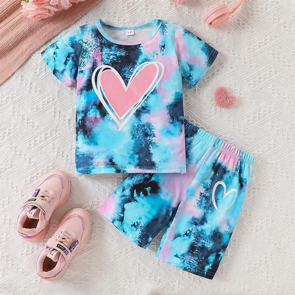 Kids Girl Clothes Tie Dye Heart Print Short Sleeve Top and Shorts Toddler Girl Summer Outfits Short Set