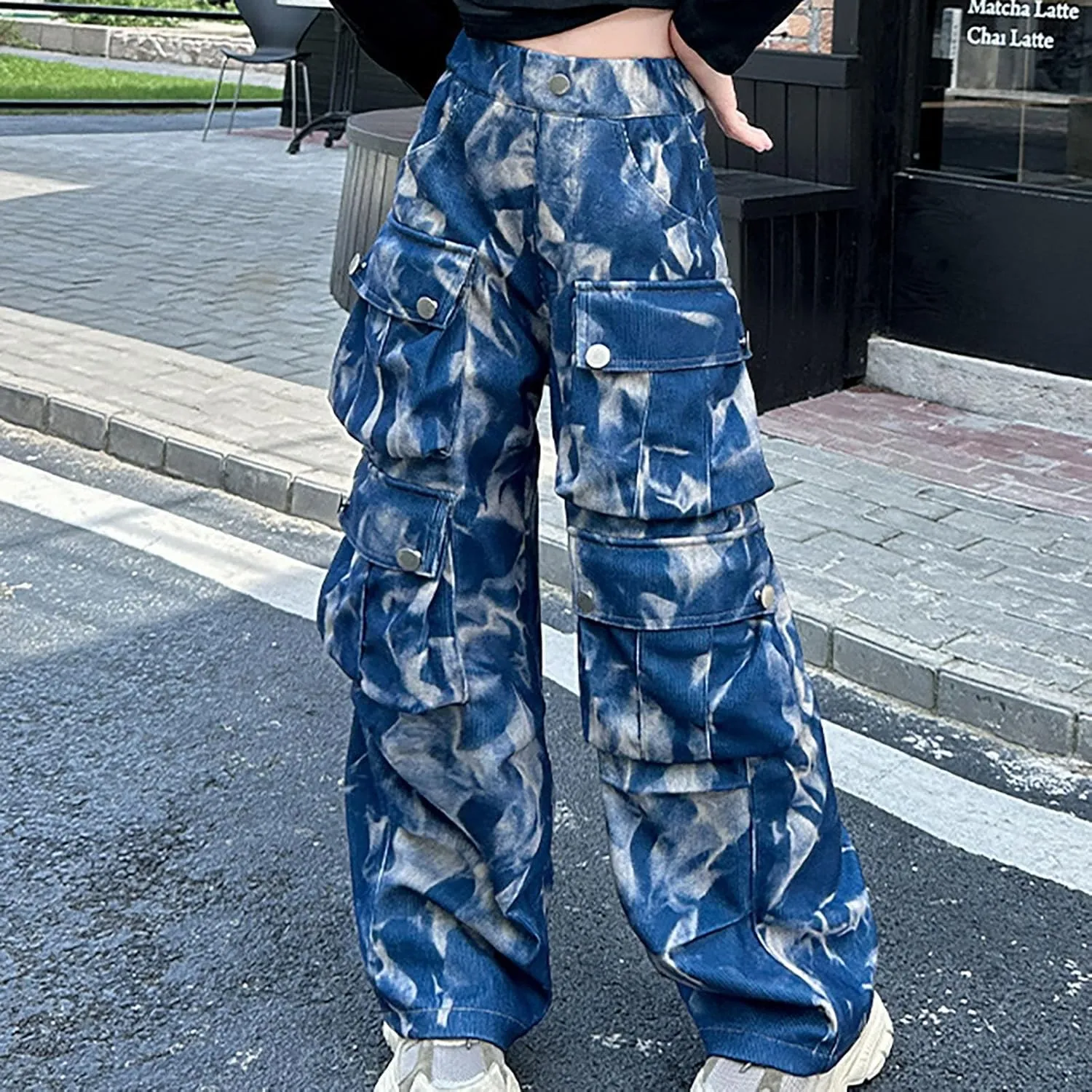 Kids Girls Baggy Jeans Y2k Streetwear Denim Cargo Pants Teens Distressed Elastic High Waist Wide Leg Pants Multi Pocket