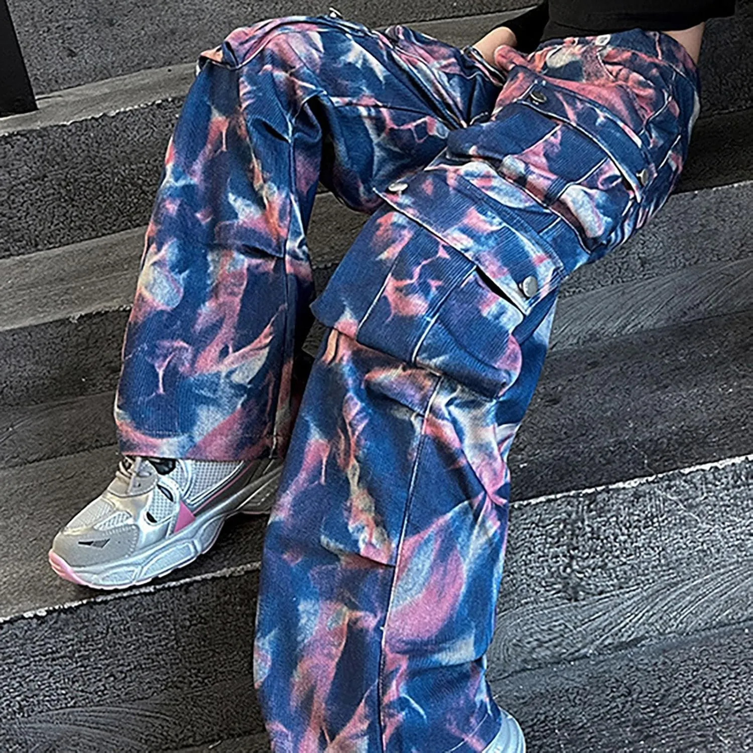 Kids Girls Baggy Jeans Y2k Streetwear Denim Cargo Pants Teens Distressed Elastic High Waist Wide Leg Pants Multi Pocket